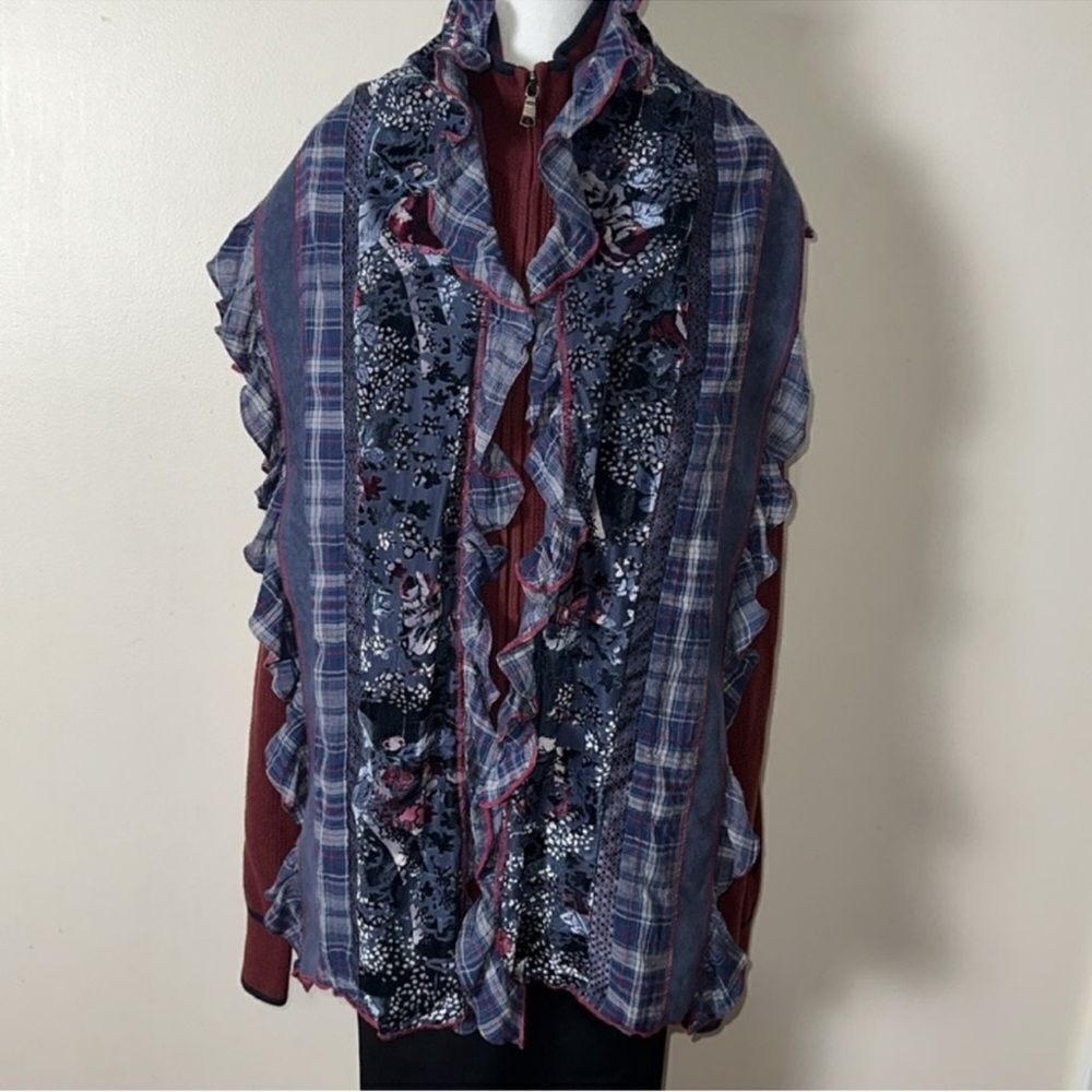 BONITA Navy Burgundy Gray Plaid Velour Floral Patchwork Ruffle Scarf Wrap